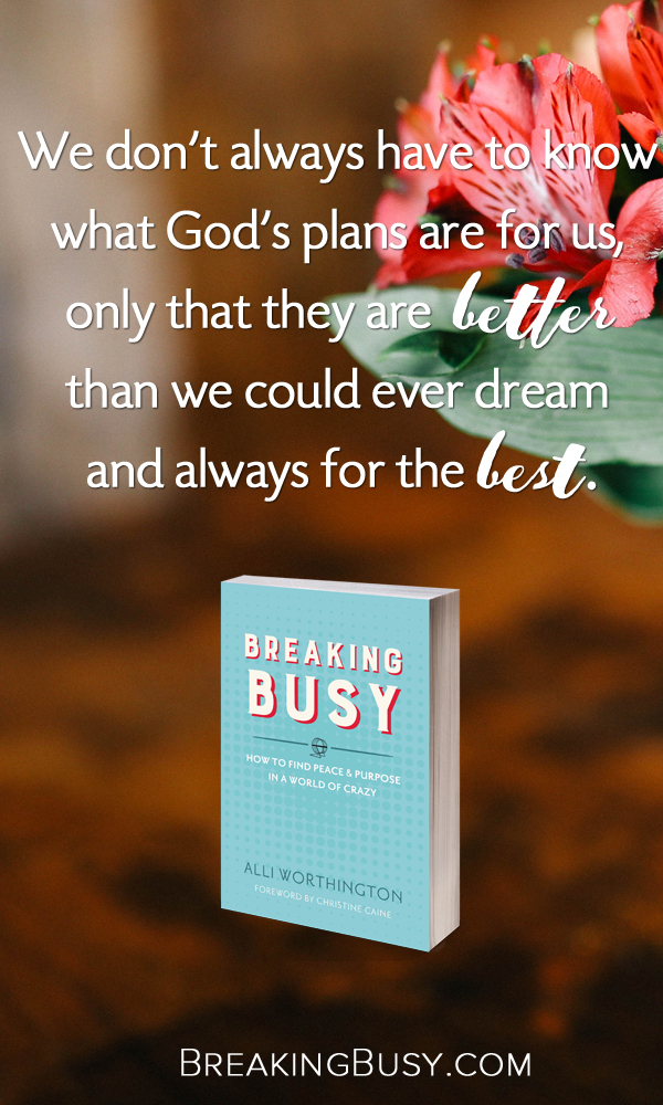 Breaking Busy Book. We don't always have to know what God's plans are for us, only that they are better than we could ever dream and always for the best.. from Alli Worthington.