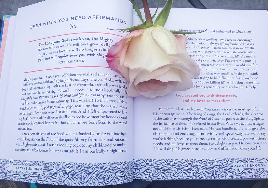 An open page with light pink roses around. 'Always Enough, Never Too Much' holds 100 devotions. 'Always Enough, Never Too Much' devotional