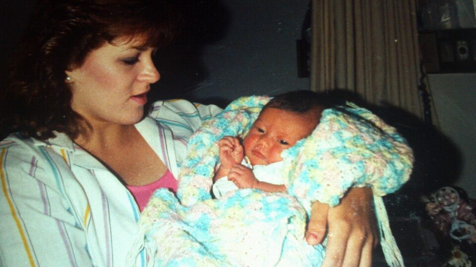 Actress Ashley Bratcher with her mother on her first day home after she was born.